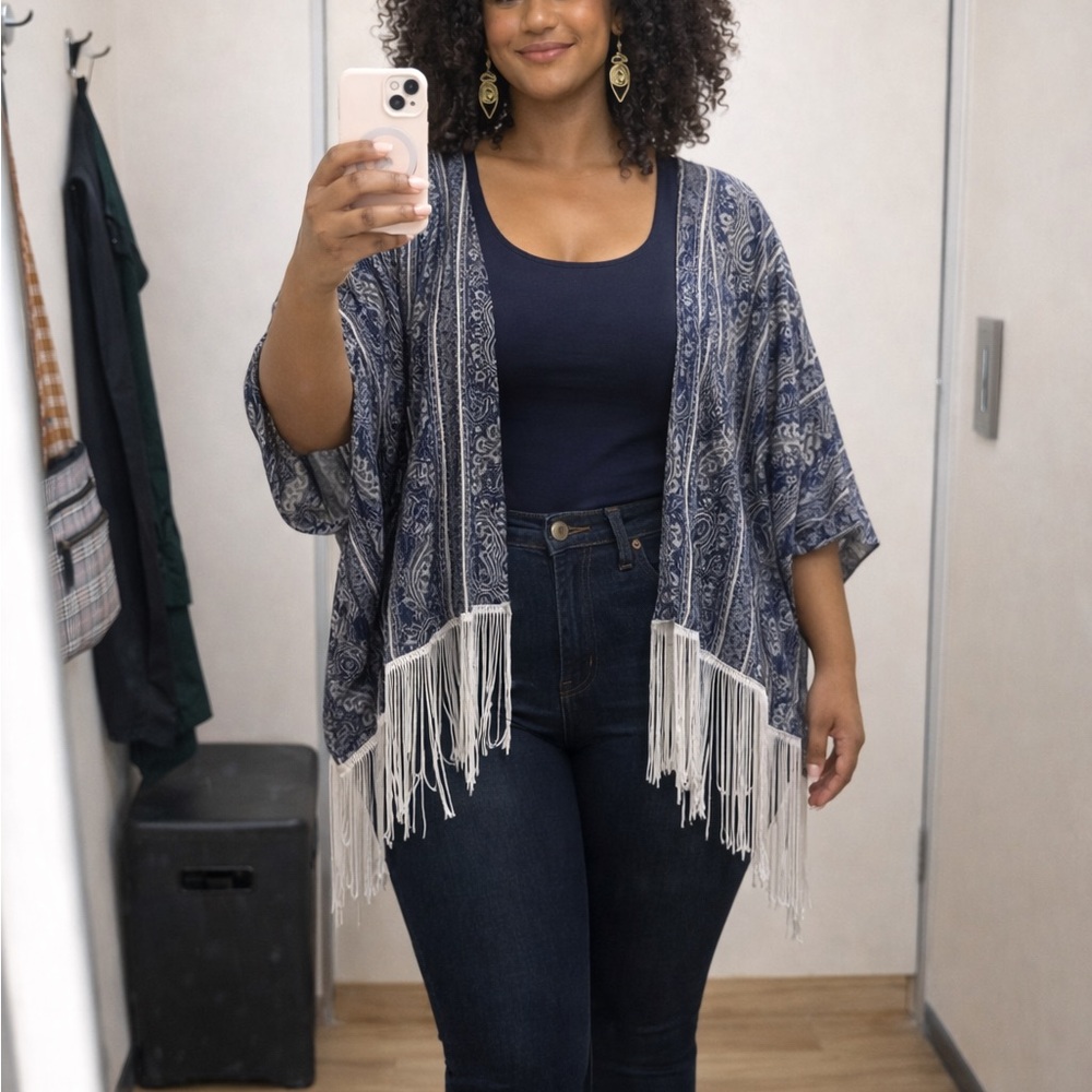 Abercrombie & Fitch Paisley Fringe Kimono |Blue & Cream Boho Cardigan|One Size